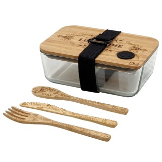 Coffret lunch en verre 0,6L couverts bambou hermétiques